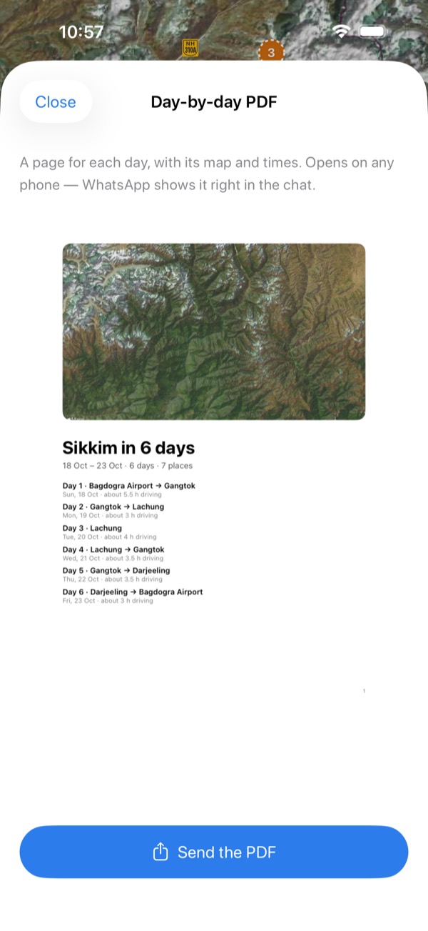 Sending a trip from Elsewhere as a day-by-day PDF